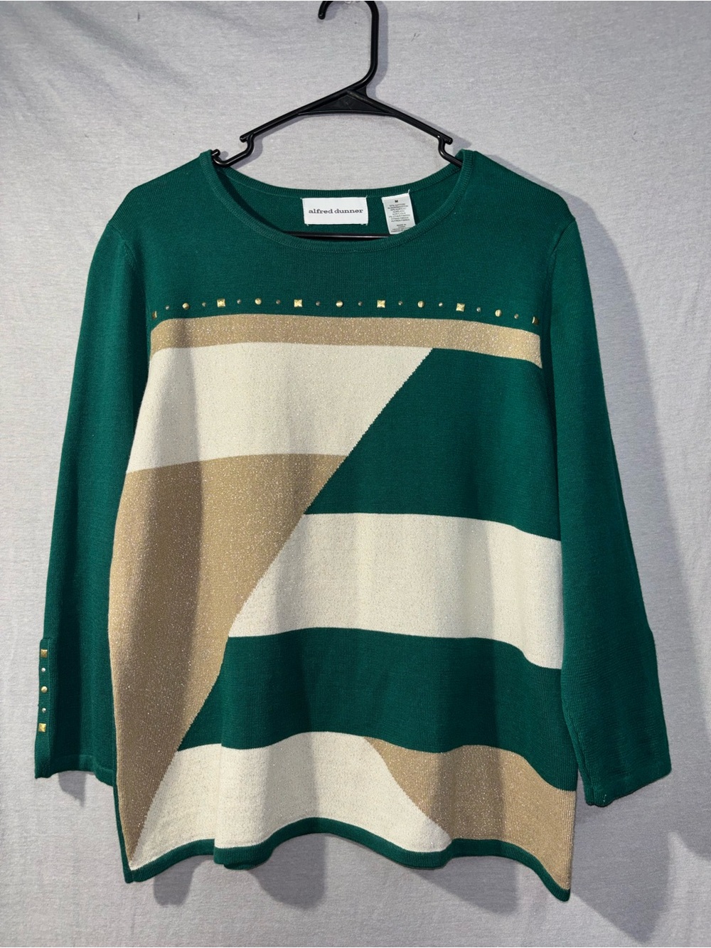 Alfred Dunner Emerald Green & Cream Knit Sweater with Gold Studs